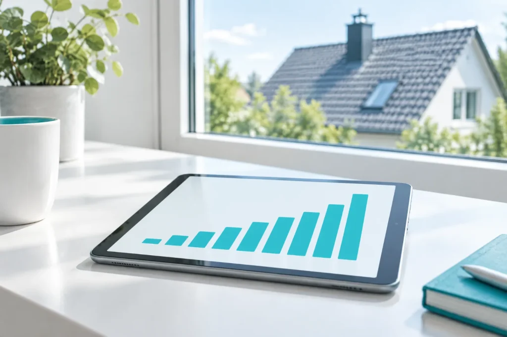 CO2-Preis Heizöl: steigende Balken auf einem Tablet zeigen die wachsende CO₂-Abgabe für Ölheizungen