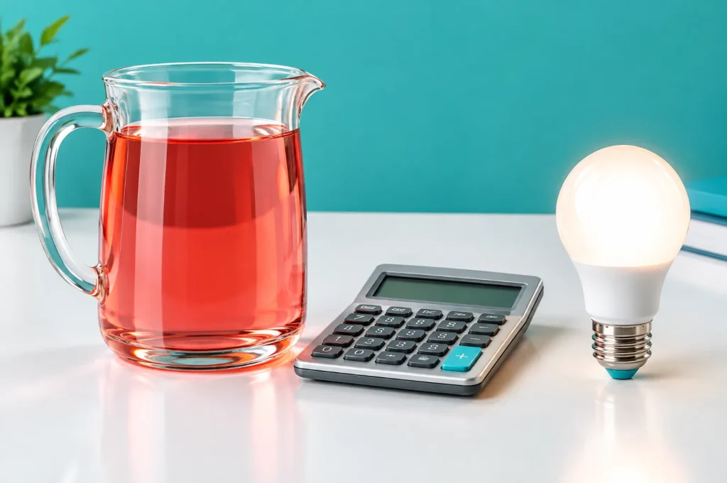 Heizöl in kWh umrechnen: ein Liter Heizöl im Messbecher neben einem Taschenrechner