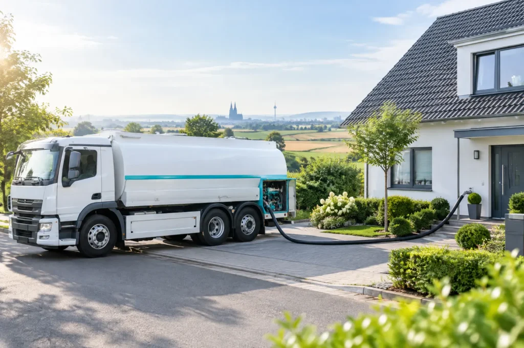Heizöl Ratgeber von CB Trans: Tankwagen bei der Heizöllieferung an ein Einfamilienhaus im Rhein-Erft-Kreis