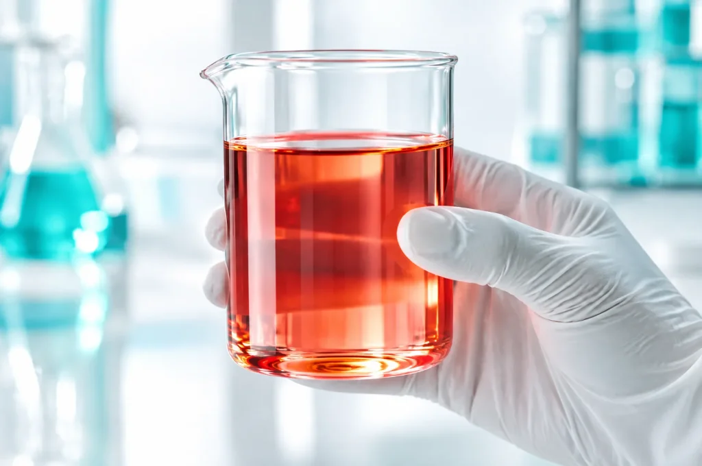 Heizöl schwefelarm: Probe von Heizöl EL in einem Laborglas