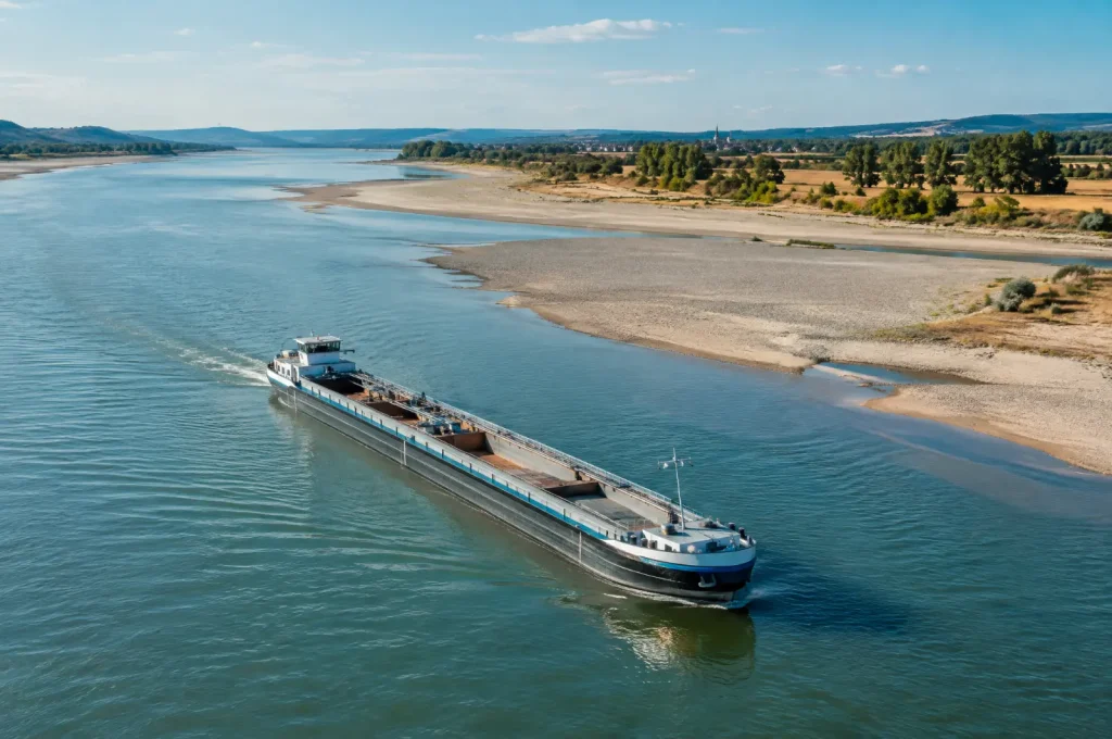 Heizölpreis und Rhein-Niedrigwasser: teilbeladenes Tankschiff auf dem Rhein bei niedrigem Pegel