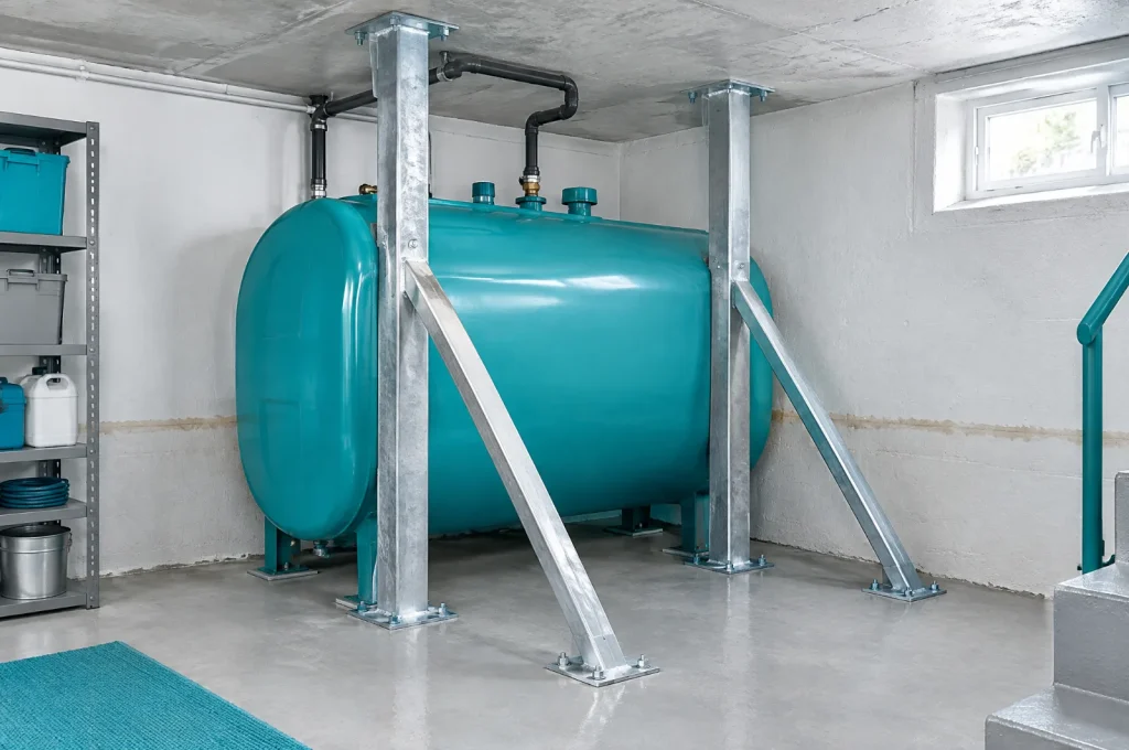Heizöltank Hochwasser: Tank mit Auftriebssicherung gegen die Kellerdecke abgespreizt