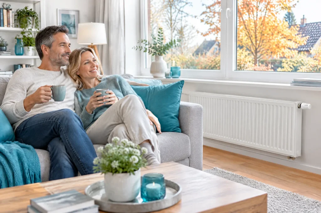Heizölverbrauch im Einfamilienhaus: warmes Wohnzimmer mit Heizkörper und Thermostat unter dem Fenster