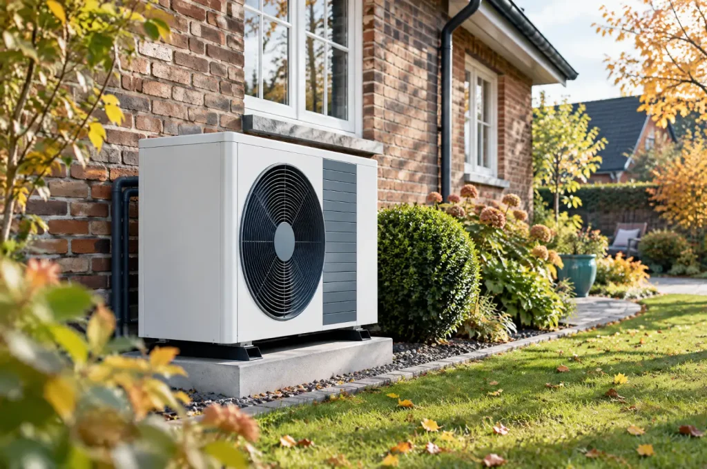 Hybridheizung mit Öl: Wärmepumpe im Garten eines Altbaus, der zusätzlich mit Öl beheizt wird
